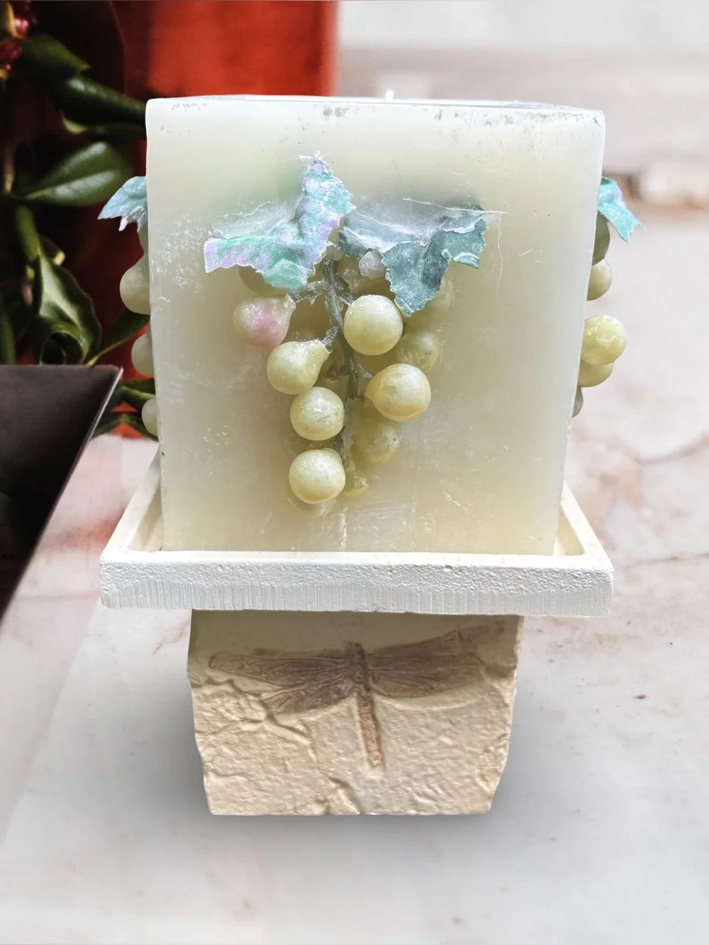 Luxury Estate Vintage Faux-Stone Pedestal & Grape Relief Art Candle Set
